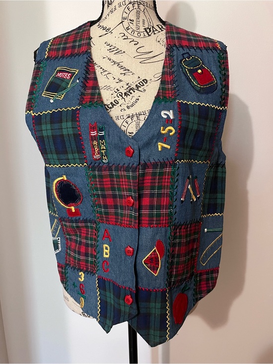 Vintage Jackets & Blazers - Vintage TanTrum Blues Plaid Embroidered Teacher Vest M Art 90s Novelty